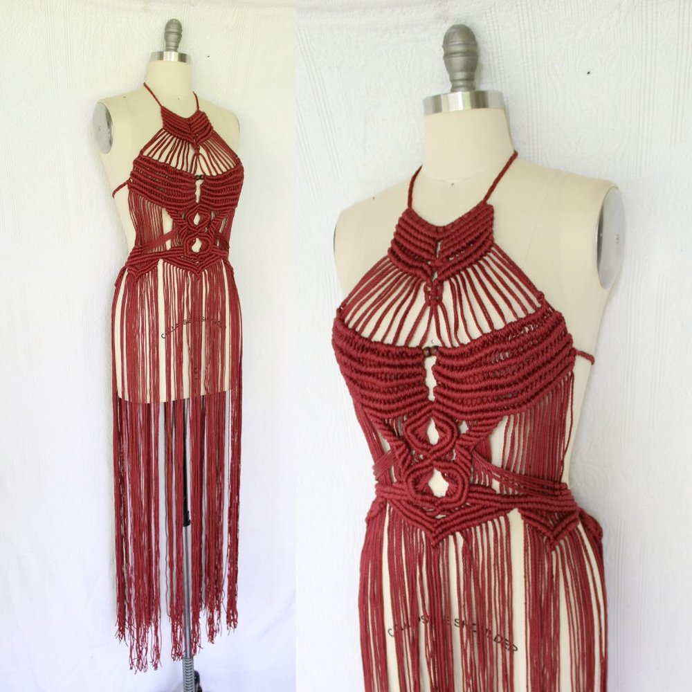 Vintage 60s hippie MACRAME crochet halter tunic dress fringe beaded Free People - Picture 1 of 11